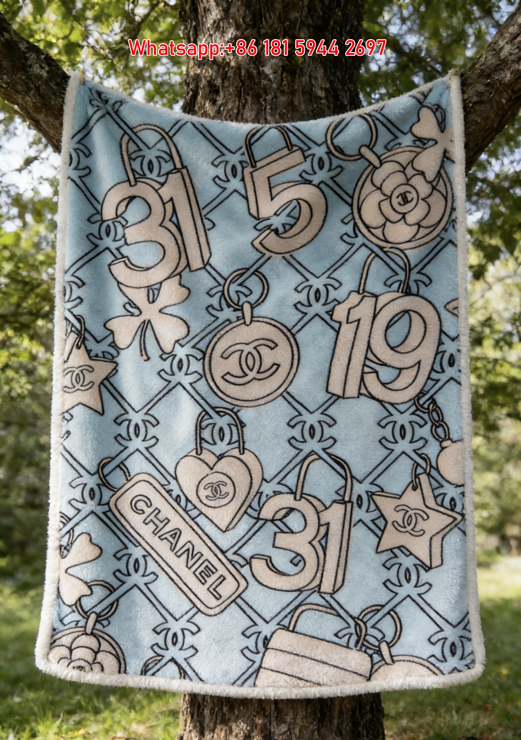 Chanel Charms & CC Logo Light Blue Flannel Sofa Throw Blanket IMG_6721